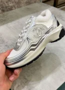 CHANEL CC LOGO METALLIC TRAINER (WHITE/SILVER)